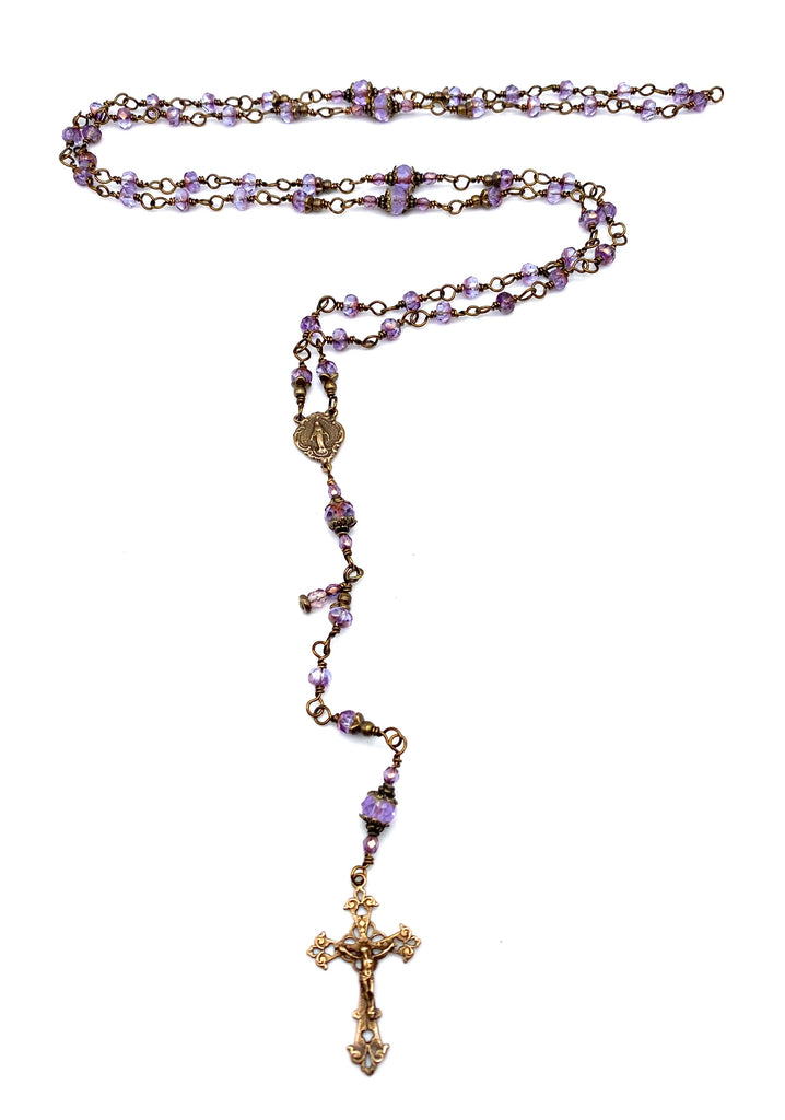 Lavender Czech Glass Wire Wrapped Catholic Heirloom Rosary Petite