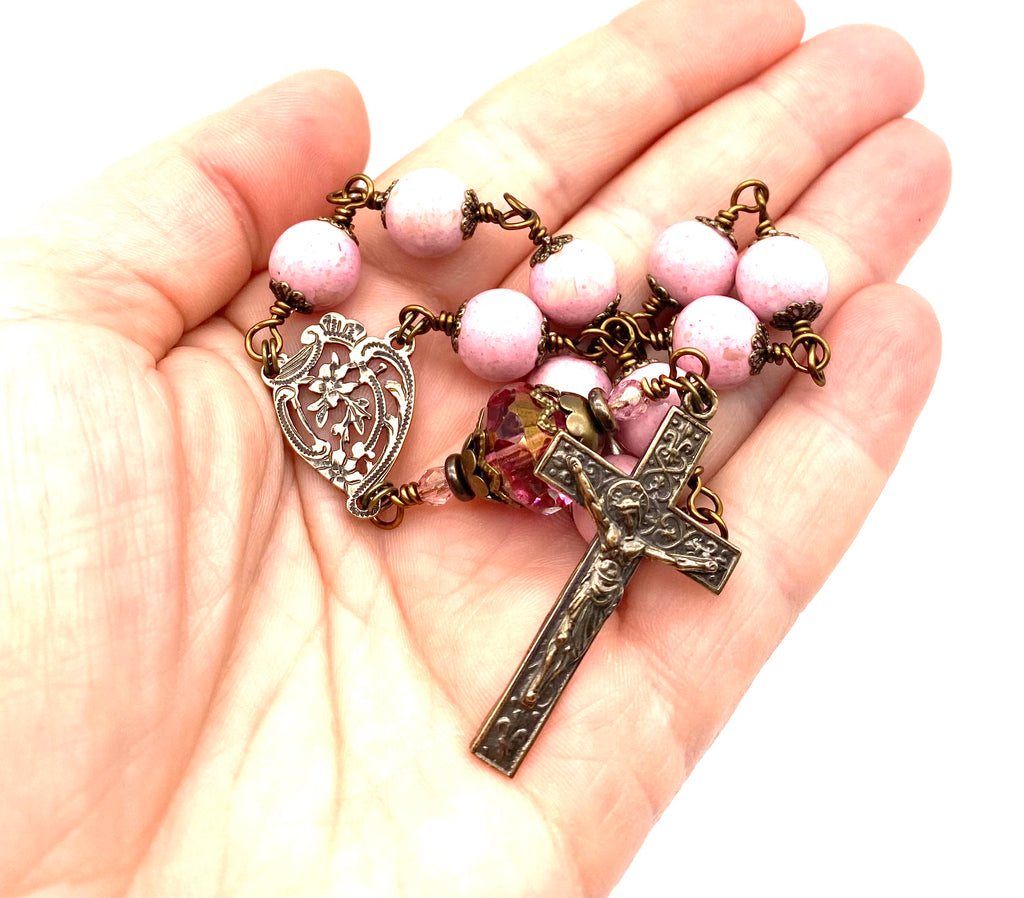 Light Pink Riverstone BIG BEAD Catholic Heirloom Travel Rosary