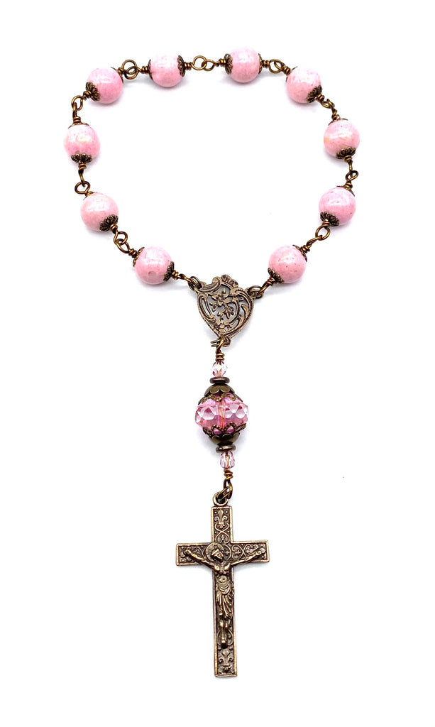 Light Pink Riverstone BIG BEAD Catholic Heirloom Travel Rosary