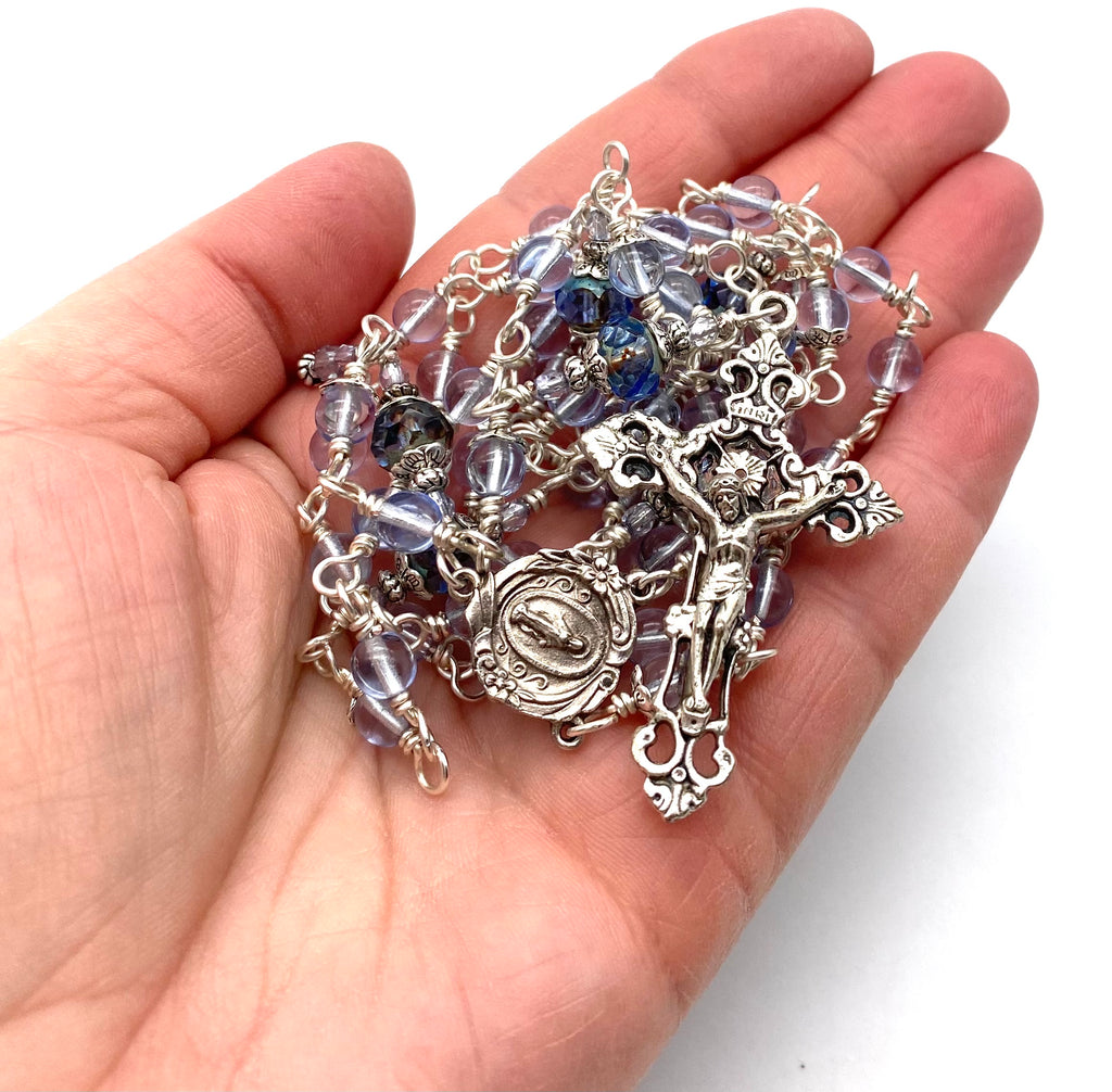Silver Light Sapphire Czech Glass Wire Wrapped Catholic Heirloom Rosary Medium