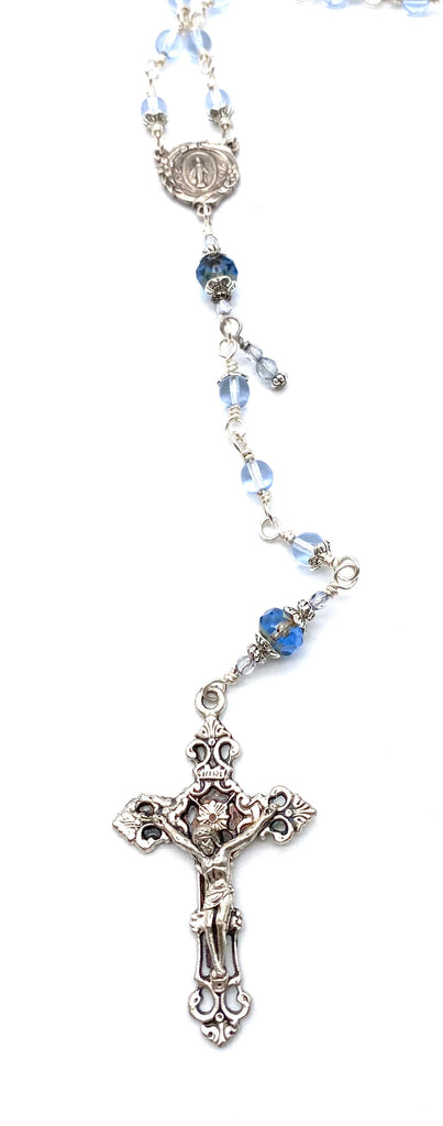 Silver Light Sapphire Czech Glass Wire Wrapped Catholic Heirloom Rosary Medium