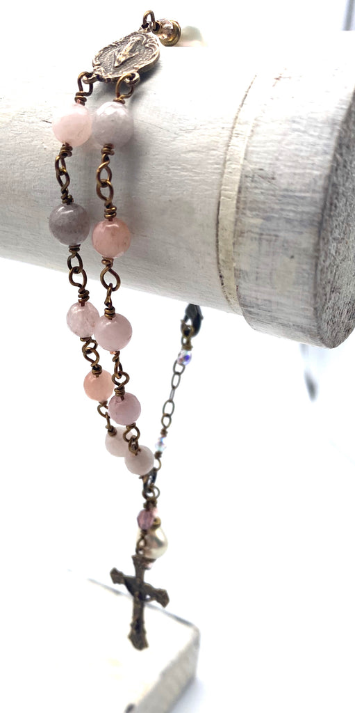 handcrafted vintage inspired lilac pink opal jade wire wrapped catholic heirloom rosary devotional bracelet