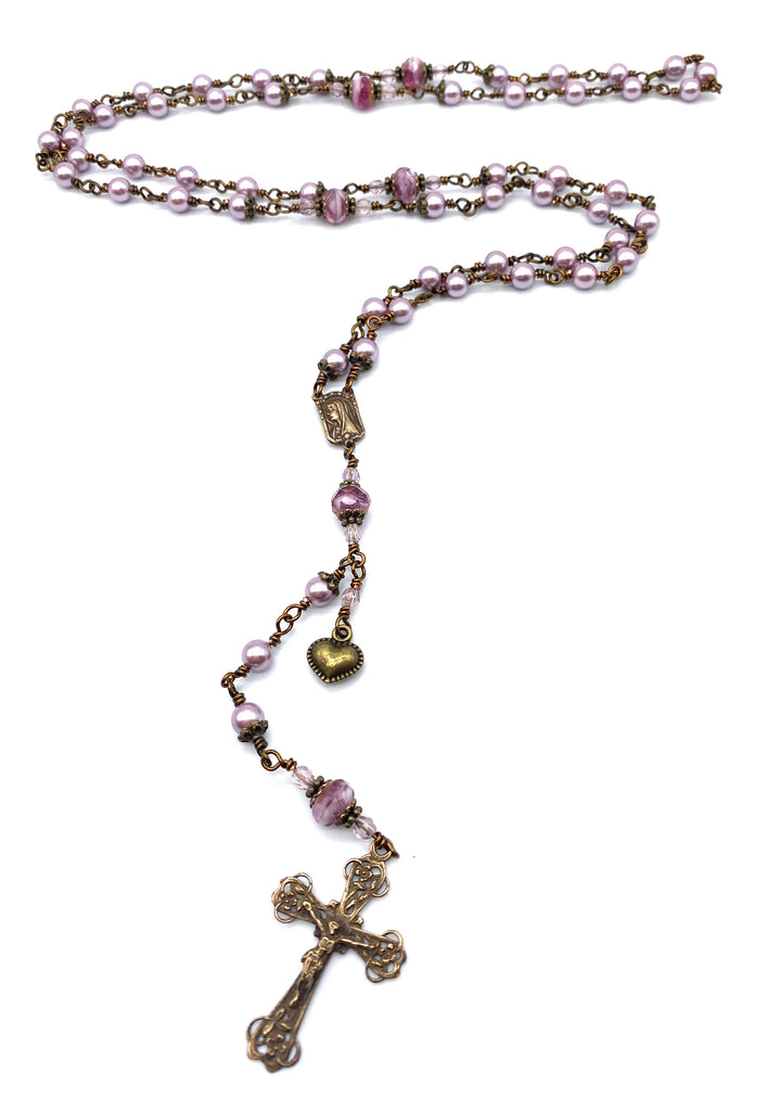 handcrafted vintage inspired lilac shell pearl wire wrapped catholic heirloom rosary