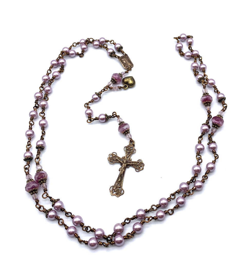handcrafted vintage inspired lilac shell pearl wire wrapped catholic heirloom rosary medium