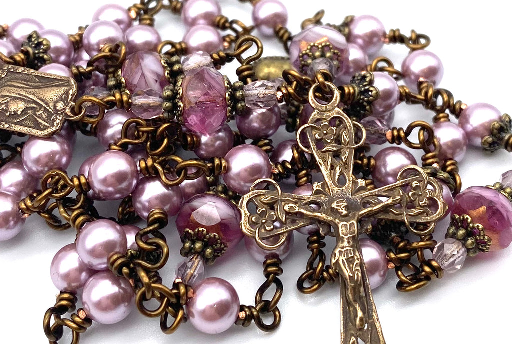 handcrafted vintage inspired lilac shell pearl wire wrapped catholic heirloom rosary medium 