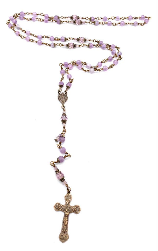 Lilac Amethyst Gemstone Wire Wrapped Catholic Heirloom Rosary Medium