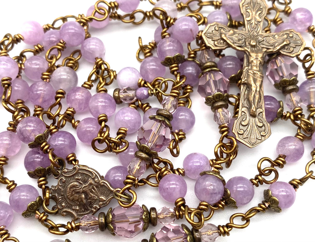 Lilac Amethyst Gemstone Wire Wrapped Catholic Heirloom Rosary Medium