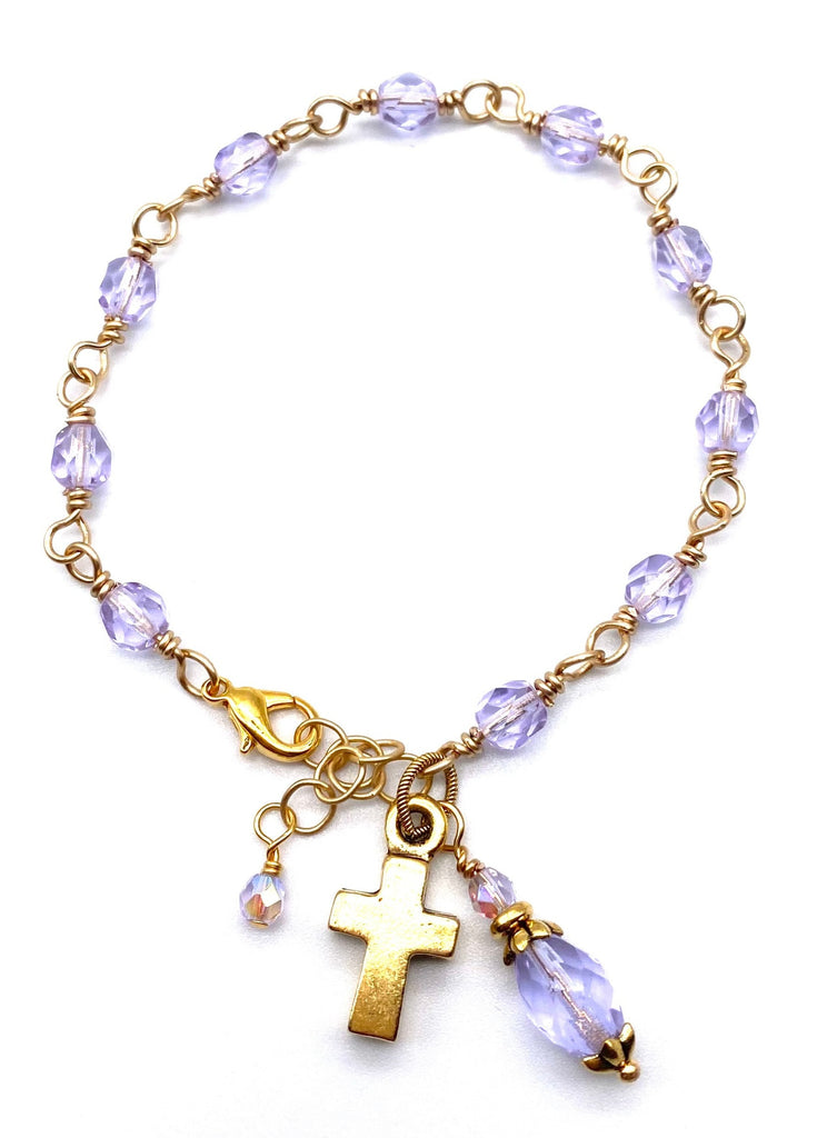 Gold Lilac Czech Glass Wire Wrapped Catholic Heirloom Rosary Devotional Bracelet