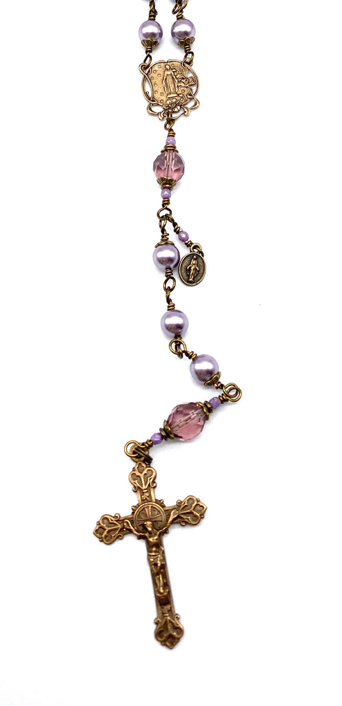 Lilac Swarovski Pearl Wire Wrapped Catholic Heirloom Rosary Large