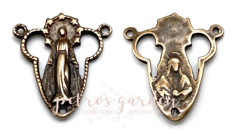 Solid Bronze MARY WITH STARS Rosary Center, Catholic Connector, Antique/Vintage Reproduction #PG2109