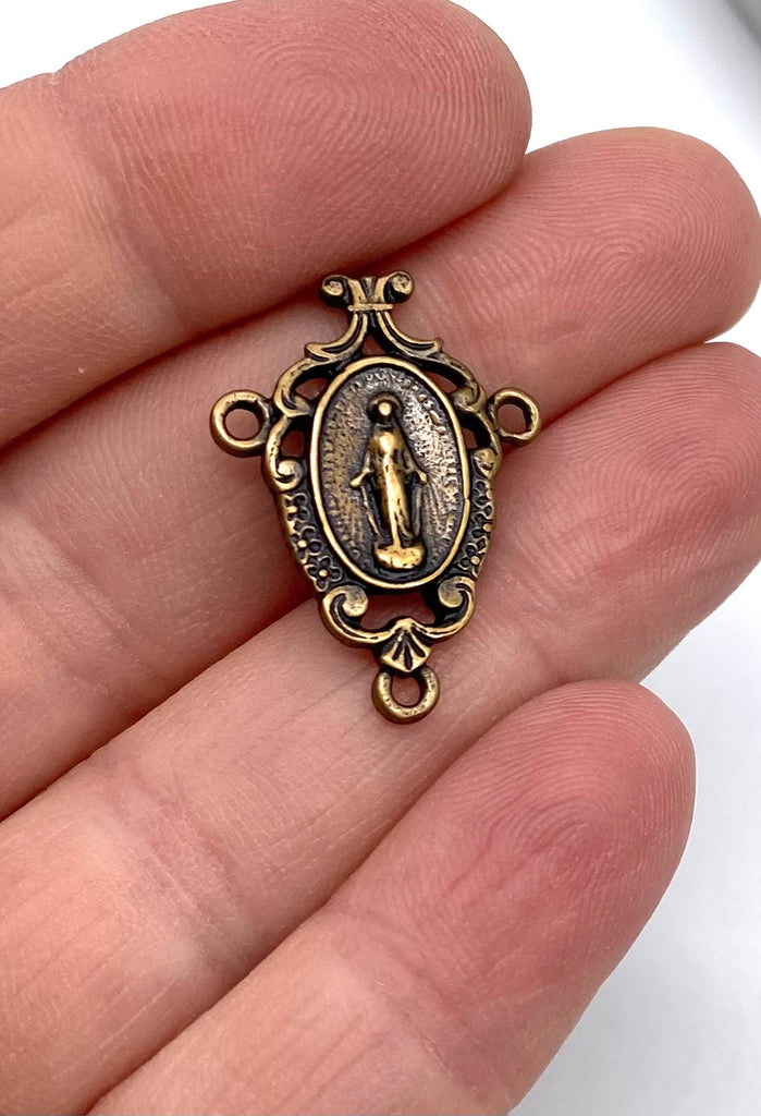 Solid Bronze MIRACULOUS MEDAL WITH SCROLLS Rosay Center, Catholic Connector, Antique/Vintage #PG1109