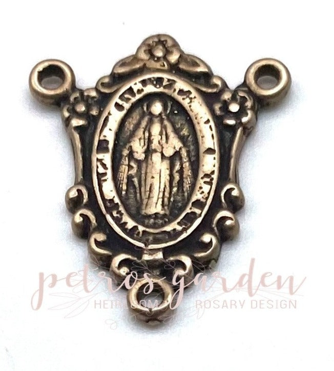 Solid Bronze MIRACULOUS MEDAL WITH FLOWERS AND SCROLLS Rosary Center, Antique/Vintage Reproduction #PG1110