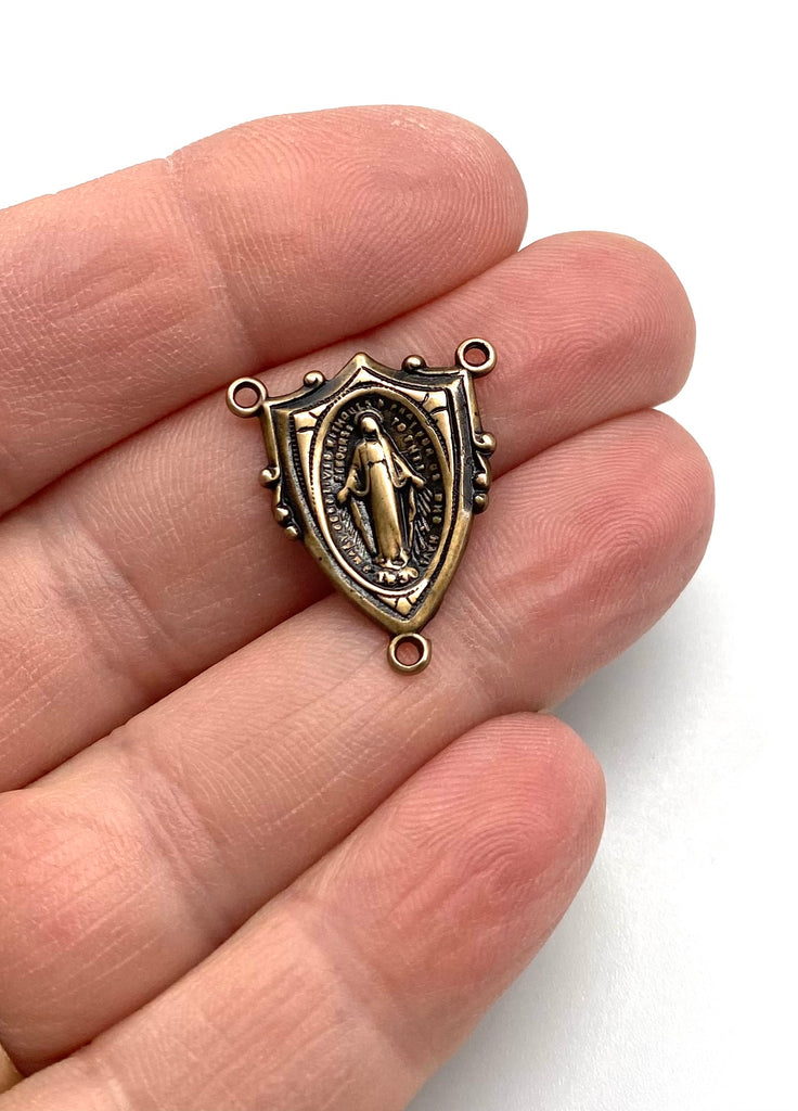 Solid Bronze MIRACULOUS MEDAL SHIELD Rosary Center, Catholic Connector, Antique/Vintage Reproduction #PG1114