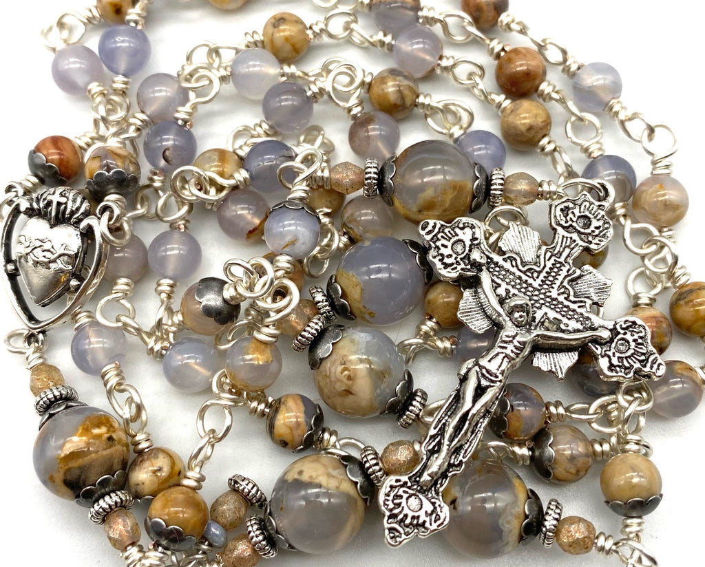 Silver Natural Blue Chalcedony Gemstone Wire Wrapped Catholic Heirloom Rosary Medium