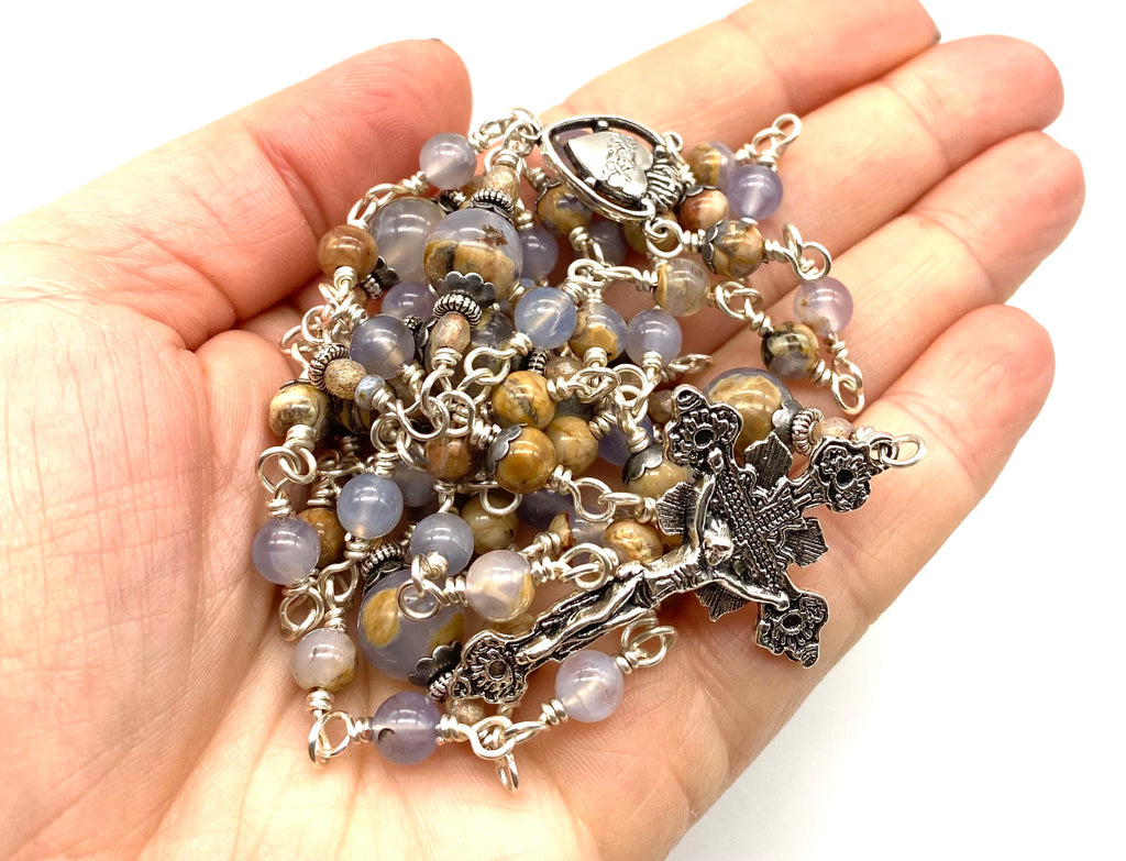 Silver Natural Blue Chalcedony Gemstone Wire Wrapped Catholic Heirloom Rosary Medium