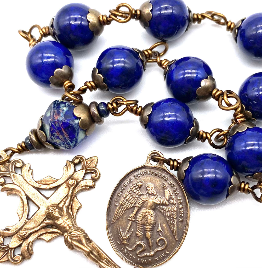 Navy Riverstone Gemstone Wire Wrapped BIG BEAD Catholic Heirloom Tenner Rosary
