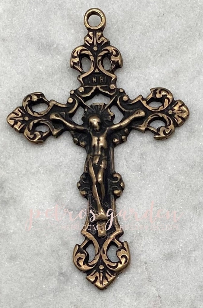 Solid Bronze ORNATE FLEUR DE LIS Rosary Crucifix, Catholic Pendant, Antique/Vintage Reproduction #PG4110