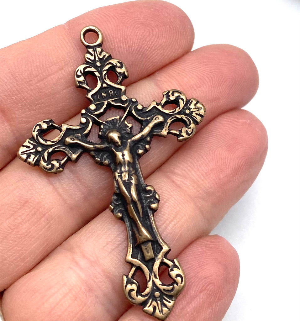 Solid Bronze ORNATE FLEUR DE LIS Rosary Crucifix, Catholic Pendant, Antique/Vintage Reproduction #PG4110
