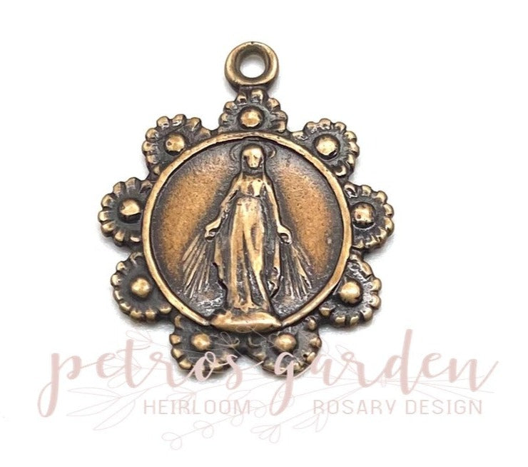 Solid Bronze OUR LADY WITH FLOWERS Circular Catholic Medal, Catholic Pendant, Antique/Vintage Reproduction #PG7117