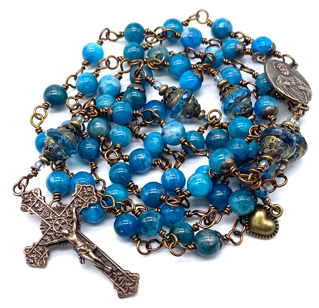 Pacific Blue Apatite Gemstone Catholic Heirloom Rosary Large