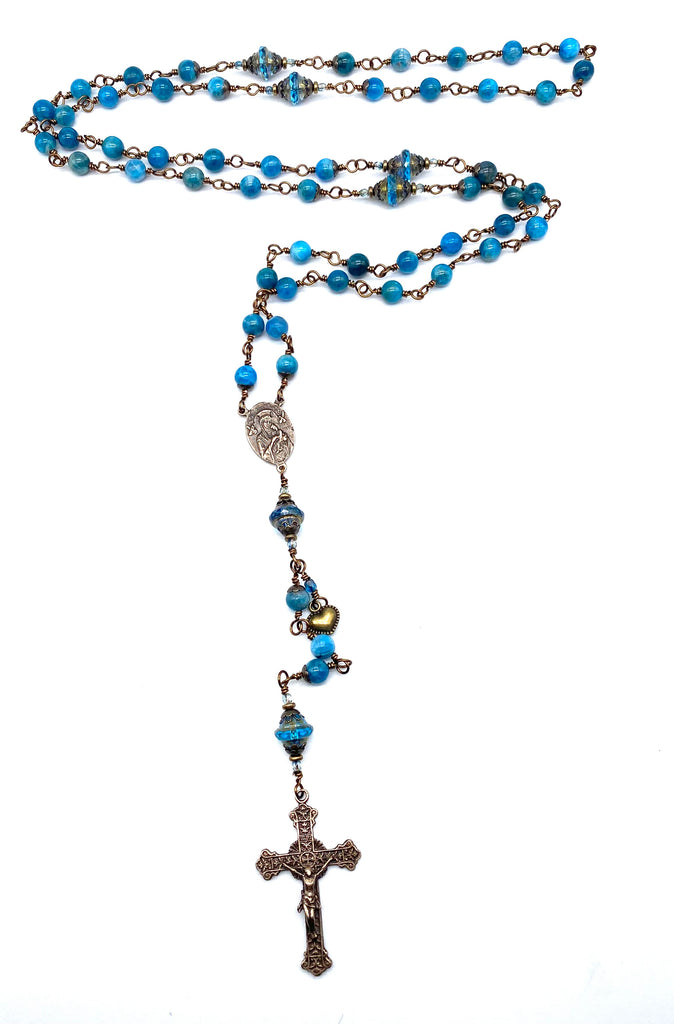 Pacific Blue Apatite Gemstone Catholic Heirloom Rosary Large