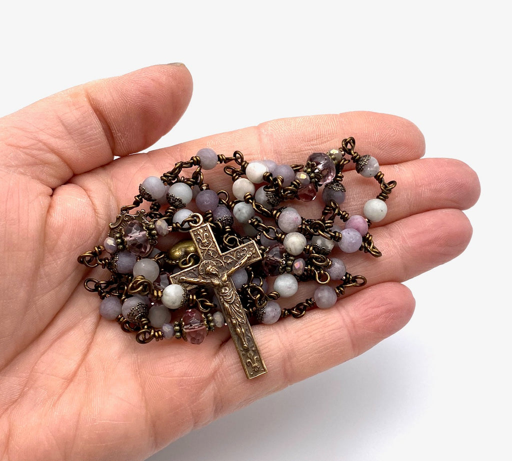 handcrafted vintage inspired pale lilac tourmaline matte gemstone wire wrapped catholic heirloom rosary medium