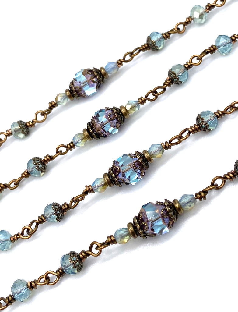 handcrafted vintage inspired pale aquamarine czech glass wire wrapped catholic heirloom rosary medium