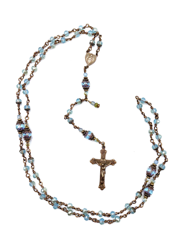 handcrafted vintage inspired pale aquamarine czech glass wire wrapped catholic heirloom rosary medium