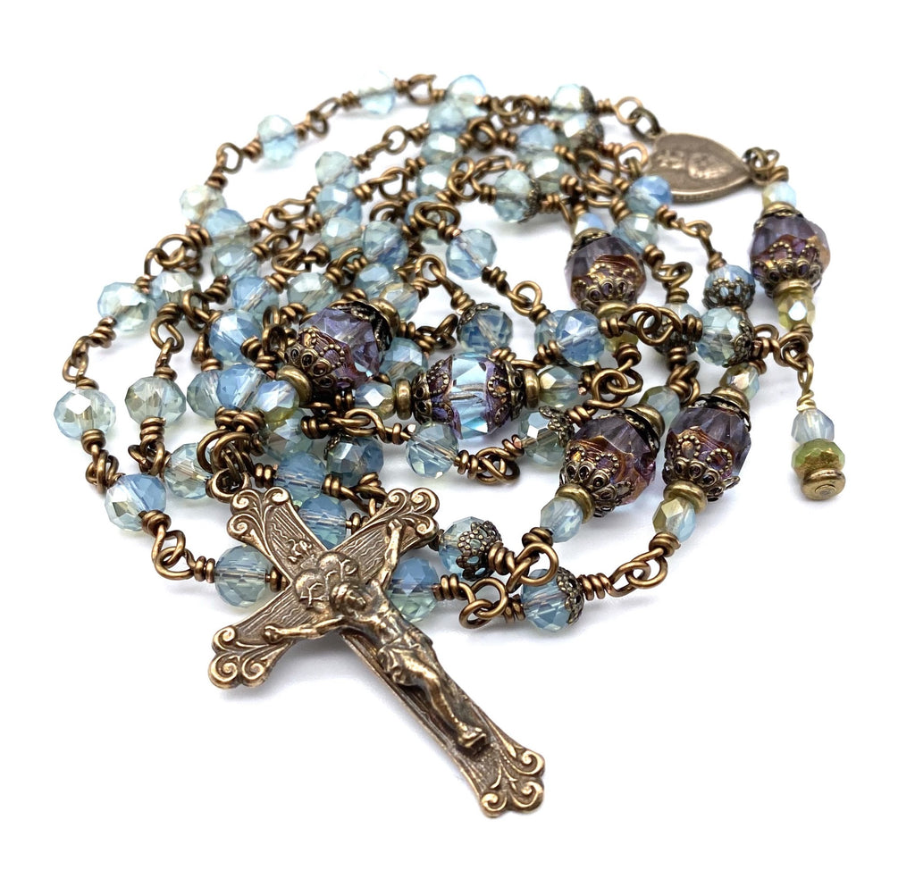 handcrafted vintage inspired pale aquamarine czech glass wire wrapped catholic heirloom rosary medium