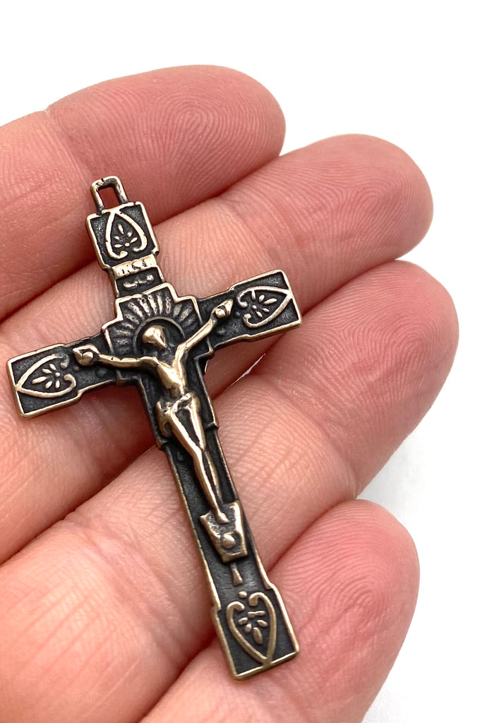 Solid Bronze PALM LEAF STRAIGHT EDGE Rosary Crucifix, Catholic Pendant, Antique/Vintage Reproduction #PG3117