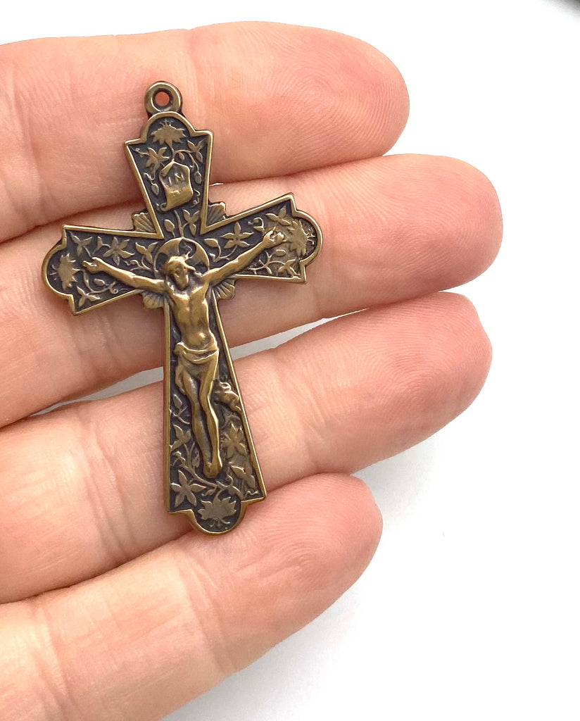 Solid Bronze PATTERNED FLORAL Rosary Crucifix, Catholic Pendant, Antique/Vintage Reproduction #PG4109