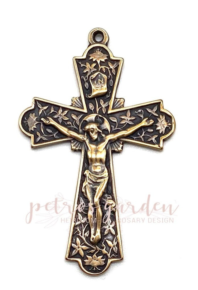 Solid Bronze PATTERNED FLORAL Rosary Crucifix, Catholic Pendant, Antique/Vintage Reproduction #PG4109
