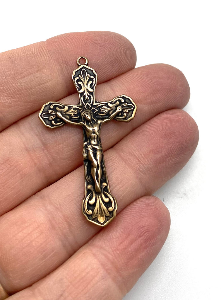 Solid Bronze PATTERNED SCROLLS Rosary Crucifix, Catholic Pendant, Antique/Vintage Reproduction #PG3110