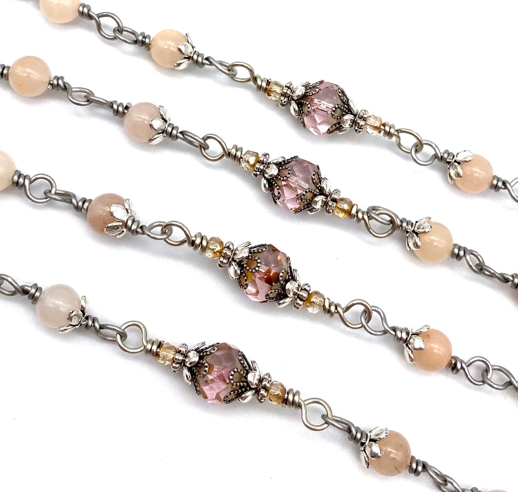 Silver Peachy Chalcedony Gemstone Wire Wrapped Catholic Heirloom Rosary Medium