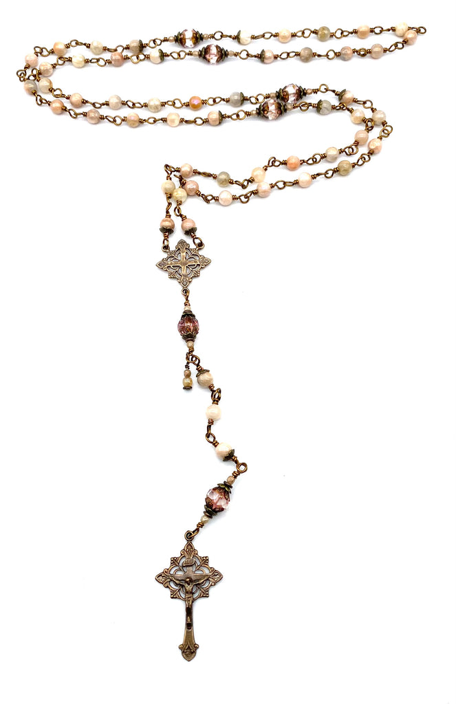 Peachy Moonstone Gemstone Wire Wrapped Catholic Heirloom Rosary Medium