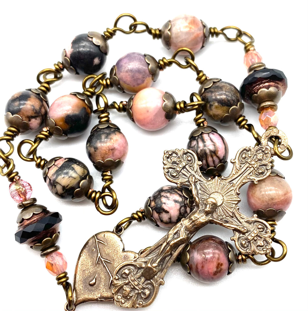 Pink and Black Rhodonite Gemstone Wire Wrapped Catholic Heirloom Travel Rosary