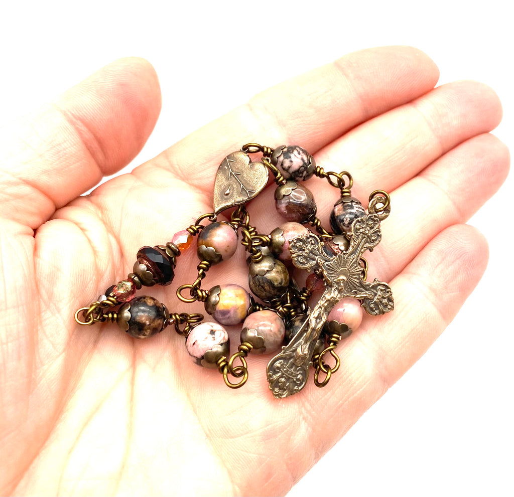 Pink and Black Rhodonite Gemstone Wire Wrapped Catholic Heirloom Travel Rosary