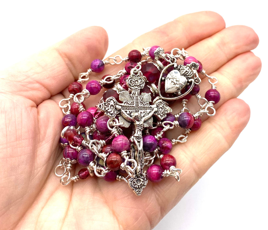 Silver Pink Crazy Agate Gemstone Wire Wrapped Catholic Heirloom Rosary Medium
