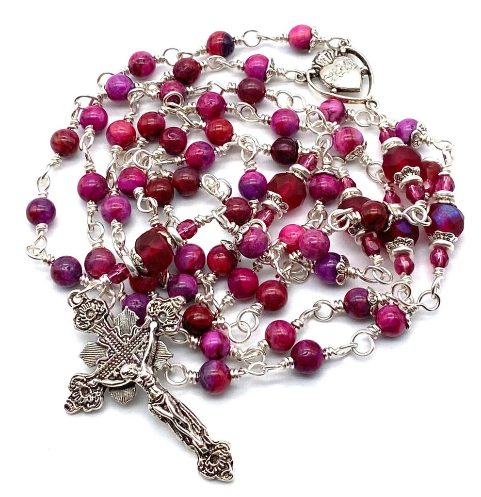 Silver Pink Crazy Agate Gemstone Wire Wrapped Catholic Heirloom Rosary Medium