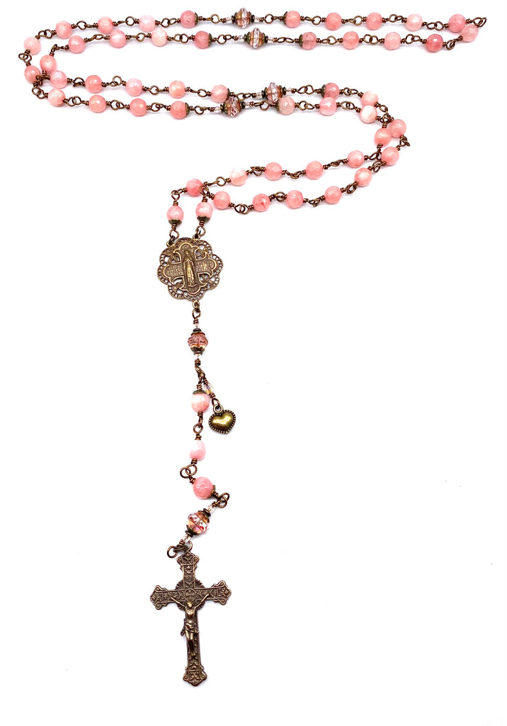 Pink Jade Faceted Gemstone Wire Wrapped Catholic Heirloom Rosary Large