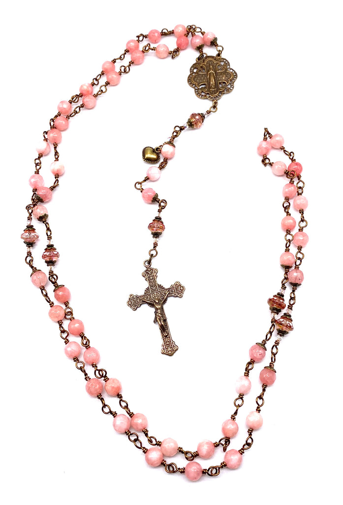 Pink Jade Faceted Gemstone Wire Wrapped Catholic Heirloom Rosary Large
