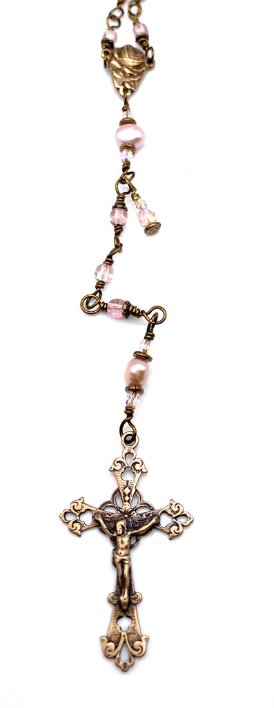 Pink Luster Czech Glass Wire Wrapped Catholic Heirloom Rosary Petite