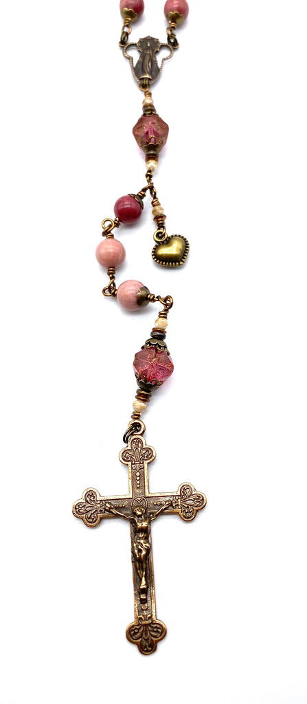 handcrafted vintage inspired pink rhodonite gemstone wire wrapped catholic heirloom rosary large