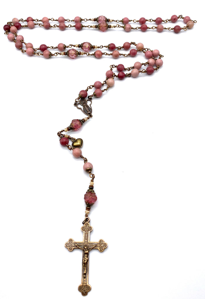 handcrafted vintage inspired pink rhodonite gemstone wire wrapped catholic heirloom rosary large