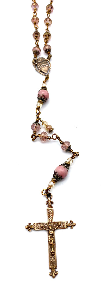 handcrafted vintage inspired pink topaz czech glass wire wrapped catholic heirloom rosary medium