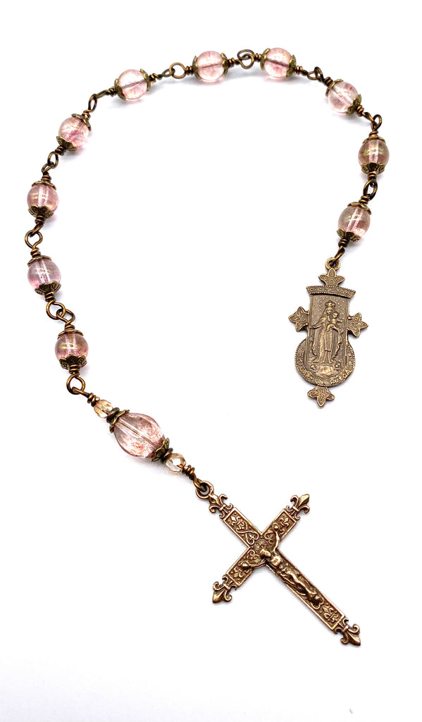 Pink Topaz Czech Glass Wire Wrapped Catholic Heirloom Tenner Rosary