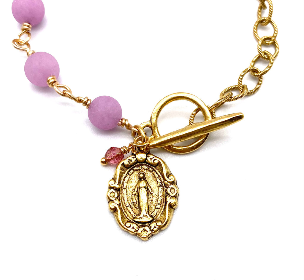 Gold Plum Violet Jade Gemstone Wire Wrapped Catholic Heirloom Miraculous Medal Devotional Bracelet
