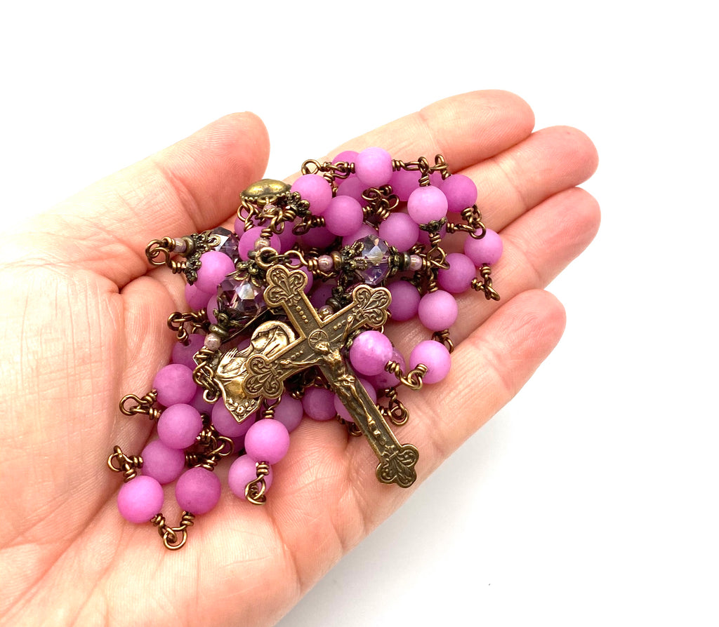 handcrafted vintage inspired violet jade matte gemstone wire wrapped catholic heirloom large