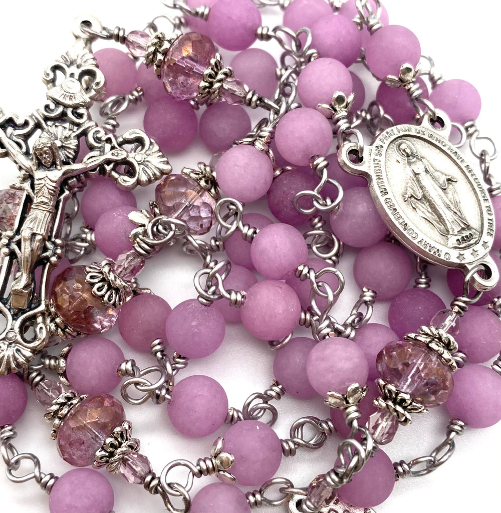 Silver Plum Violet Jade Matte Gemstone Wire Wrapped Catholic Heirloom Rosary Large