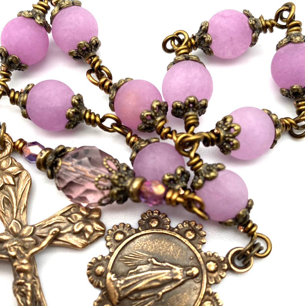handcrafted vintage inspired plum violet jade matte gemstone wire wrapped catholic heirloom tenner rosary